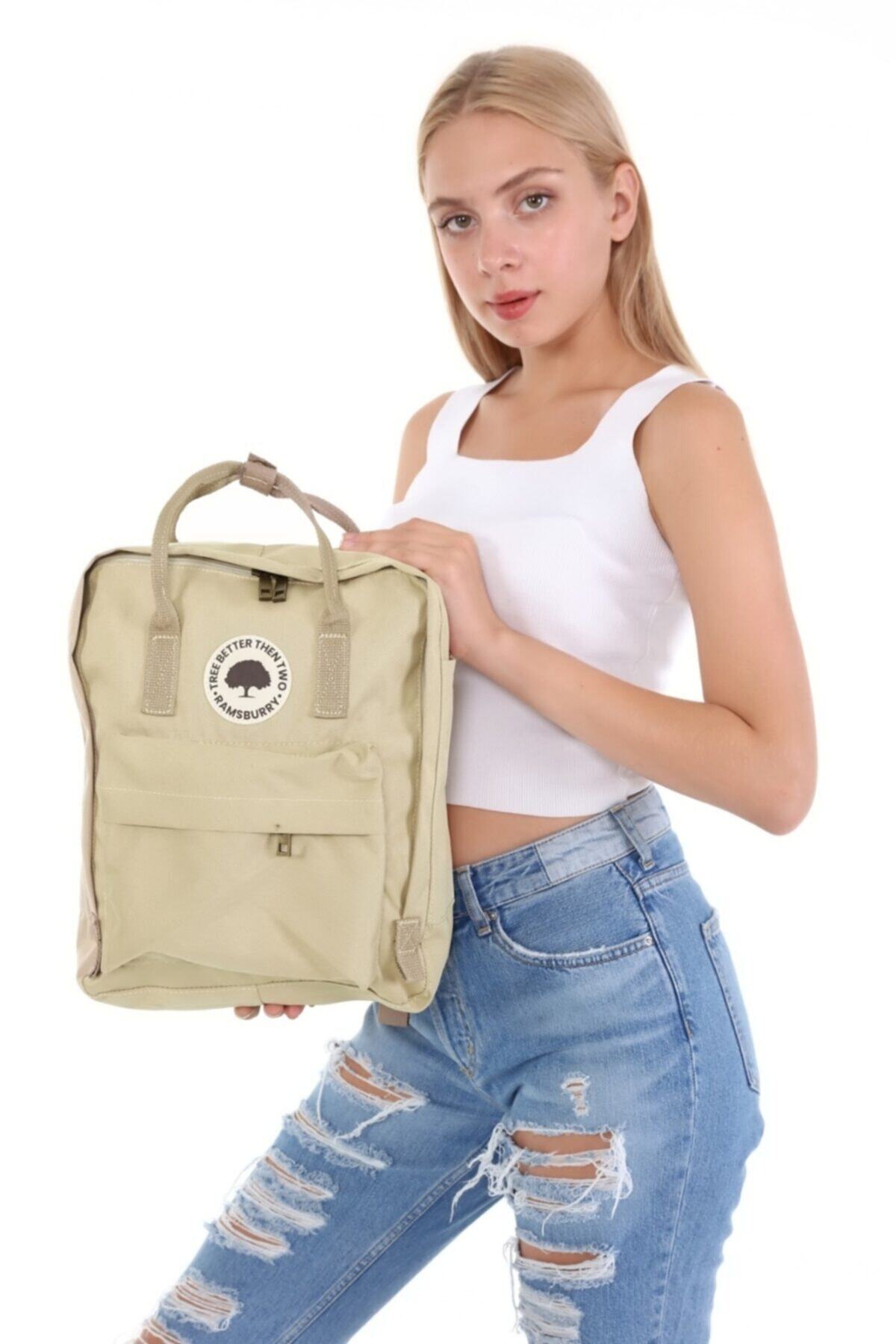 Ramsburry Unisex Krem Renk Okul Çantası Uyumlu 14 Inç Laptop Çantası, Siyah Sırt Çantası görsel 2