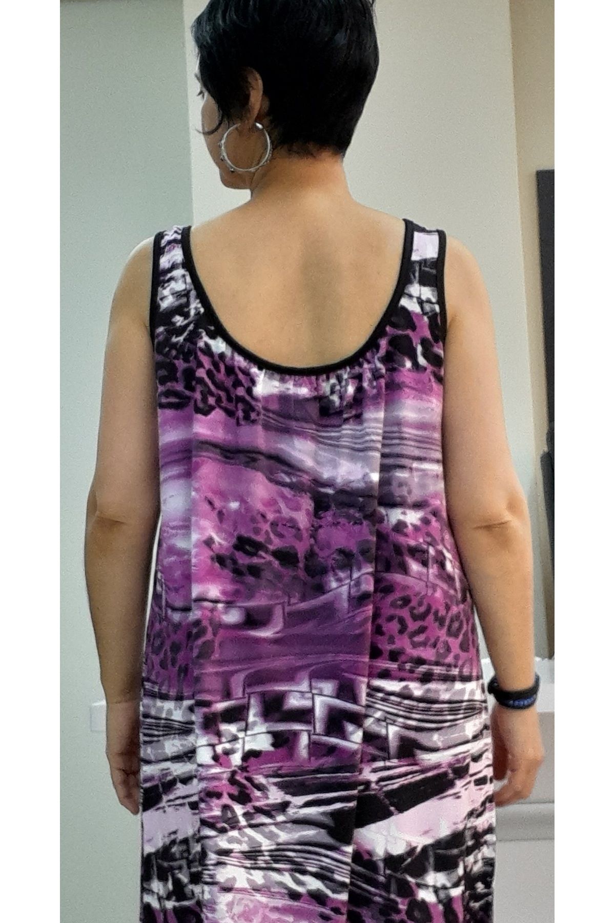 Mertcan Butik-Front and back drawstring fuchsia black print combed cotton Viscose Dress 3