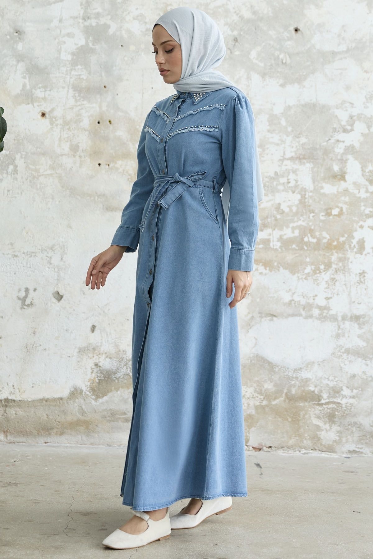 InStyle-Tasseled Beaded Denim Dress - Blue 5