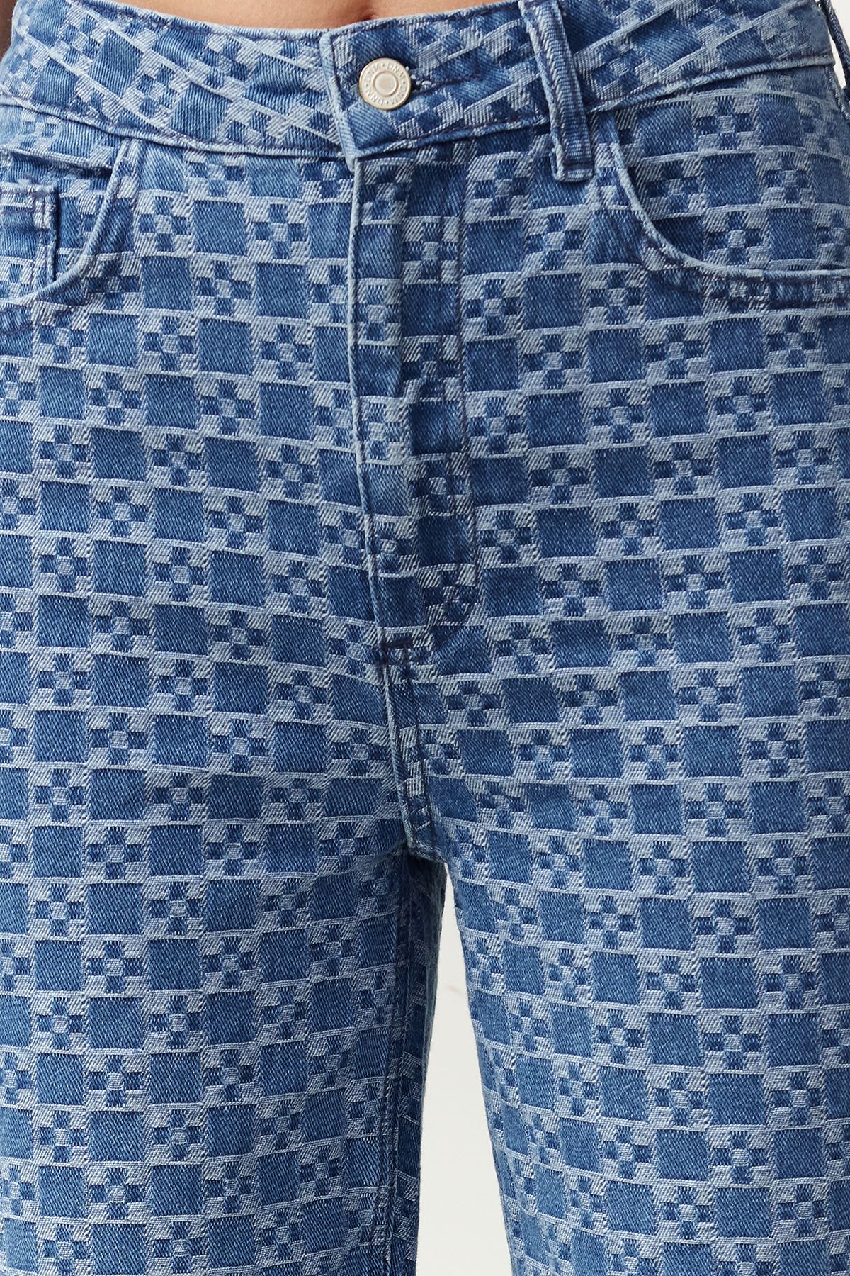 Trendyol Collection-Tmavě modrý potisk High Waist Wide Leg Jeans Twoss24Je00278 5