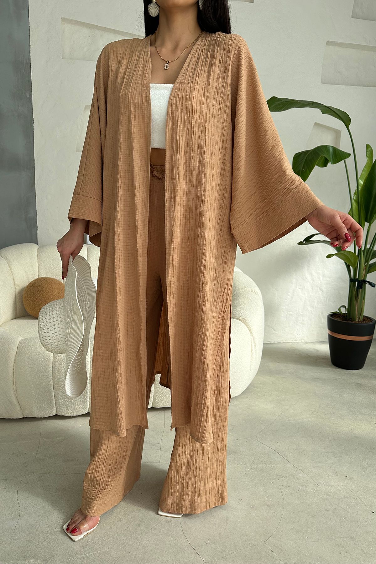 Ortaya Çık-Camel Long Bottom Top Kimono Set 3