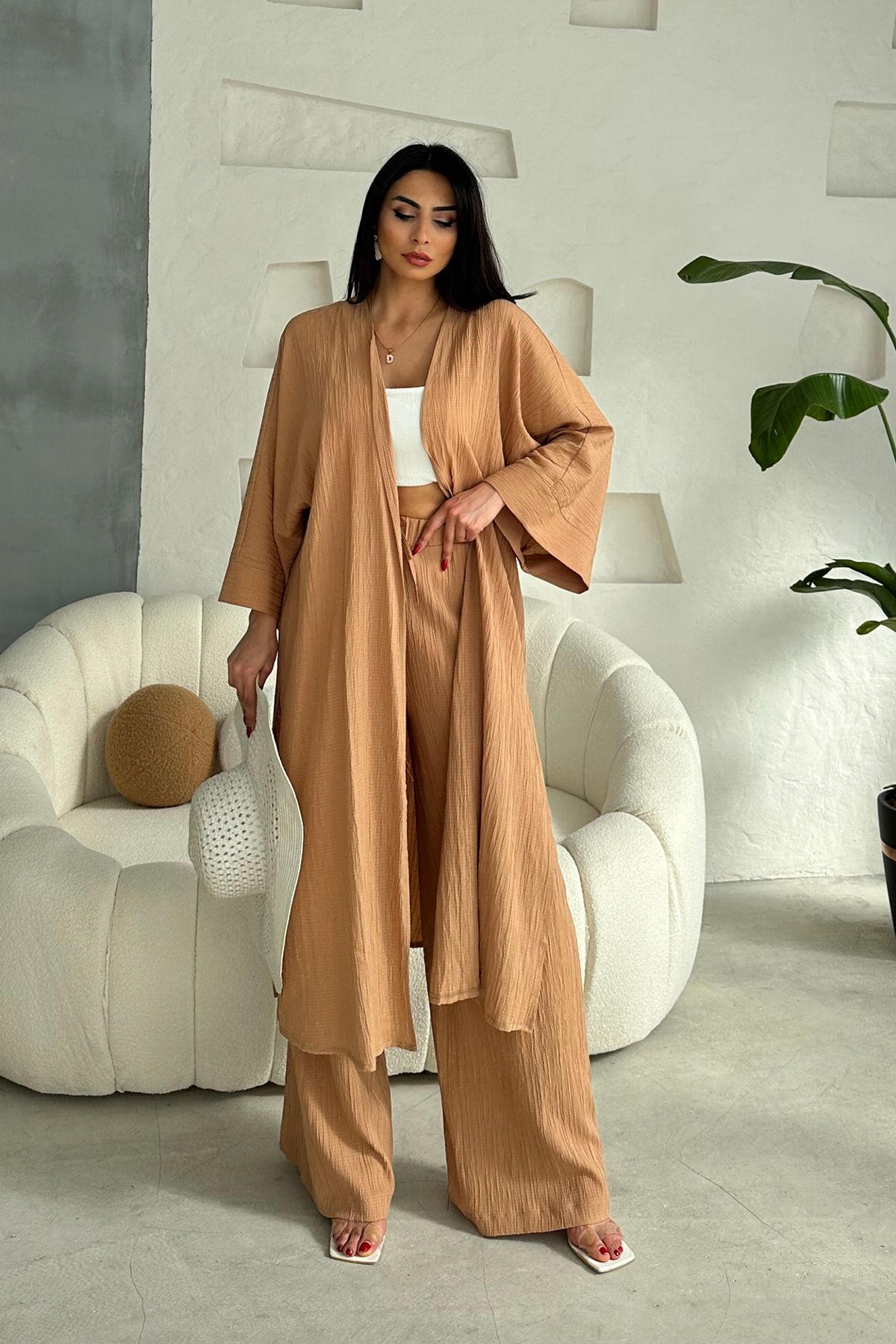 Ortaya Çık-Camel Long Bottom Top Kimono Set 1