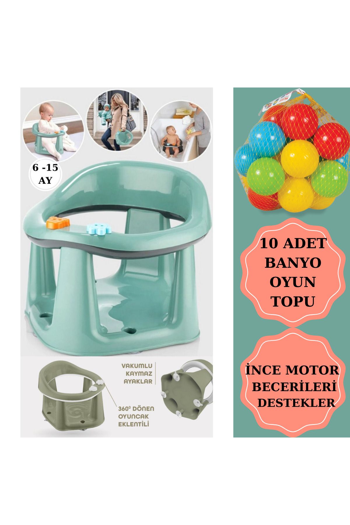 Zuu Baby Bebek Banyo Oturağı - Vakum Tabanlı Bebek Mama Oturağı - Bel Destekli Vakumlu Mama, Yelşil 10 Top