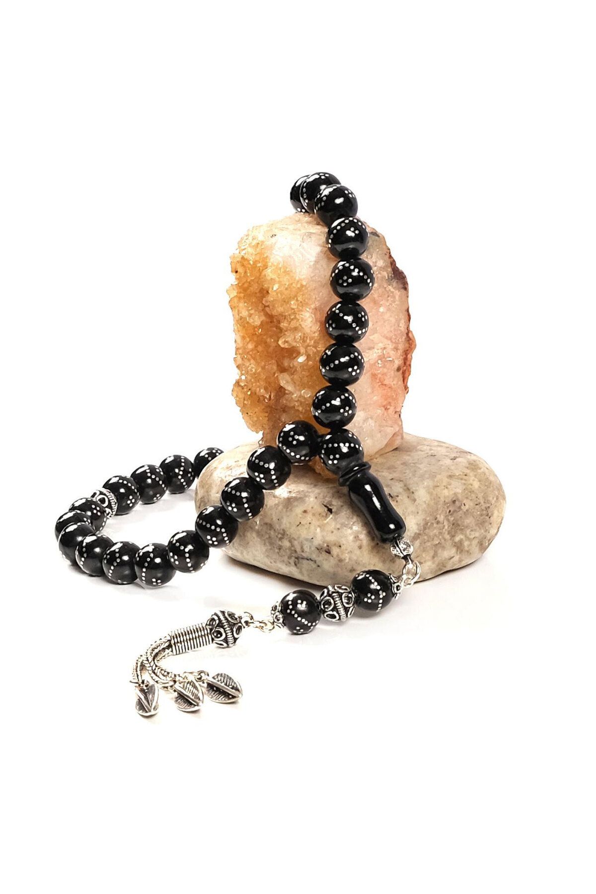 TESBİHCİBABA-Globe Cut Silver Inlaid Oltu Stone Rosary Tb1745 1
