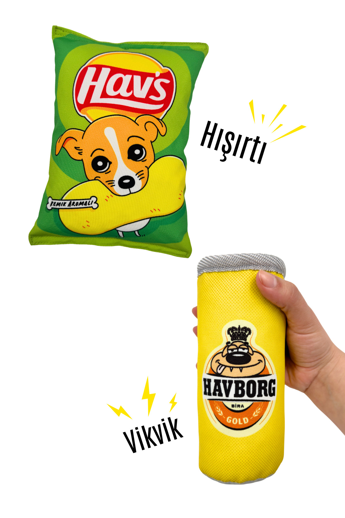 Havhav Market Köpek Oyuncak Seti 2 Adet Sesli Köpek Oyuncakları Peluş Cips ve Peluş Kutu İçecek