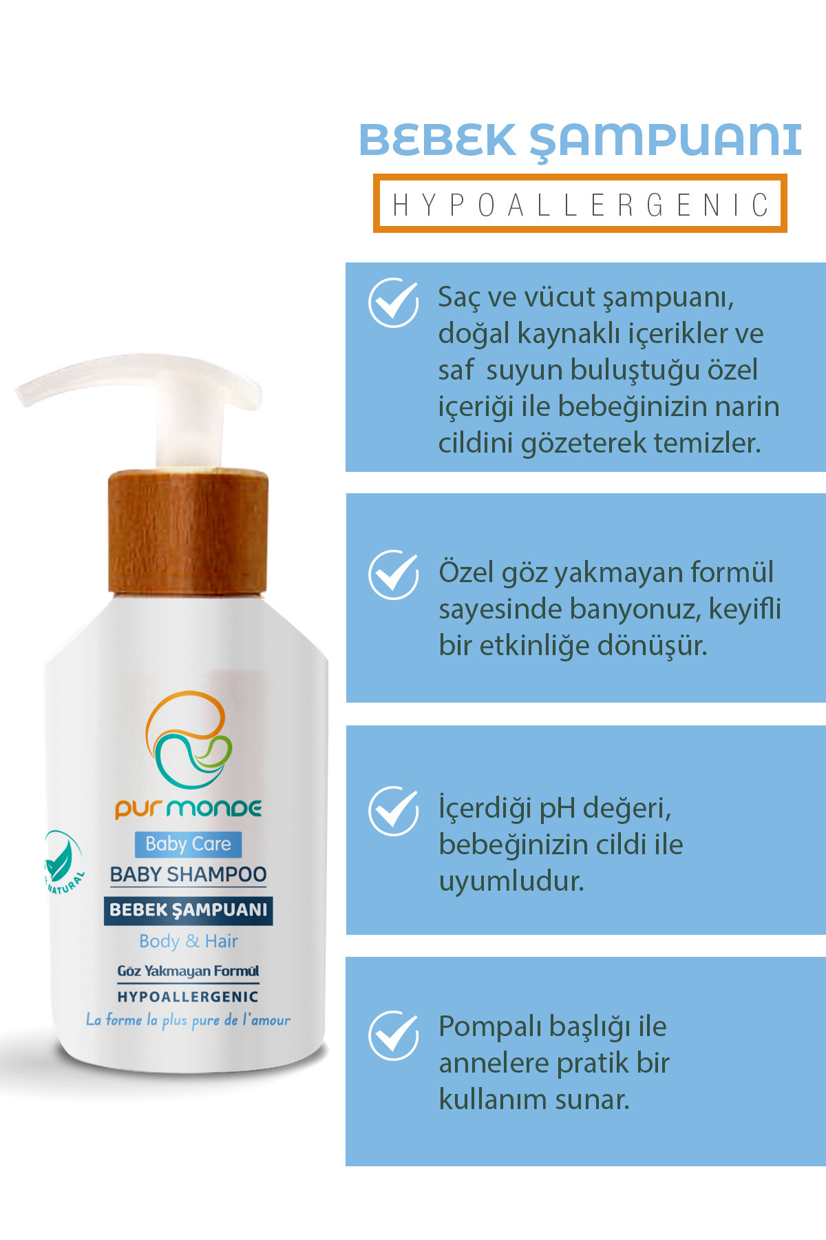 Pur Monde Doğal Bebek Saç ve Vücut Şampuanı 300ML Göz Yakmayan Formül fotoğrafı 4 (önizleme)