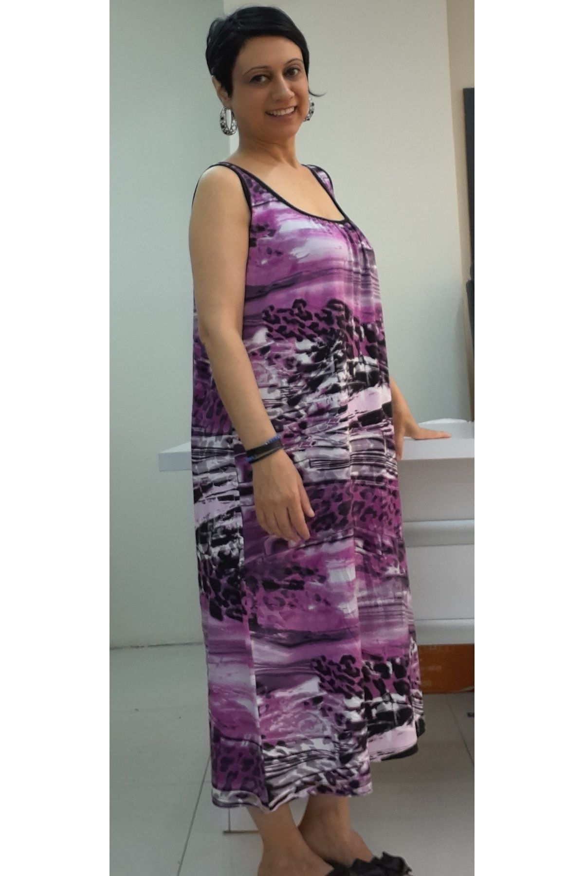 Mertcan Butik-Front and back drawstring fuchsia black print combed cotton Viscose Dress 4