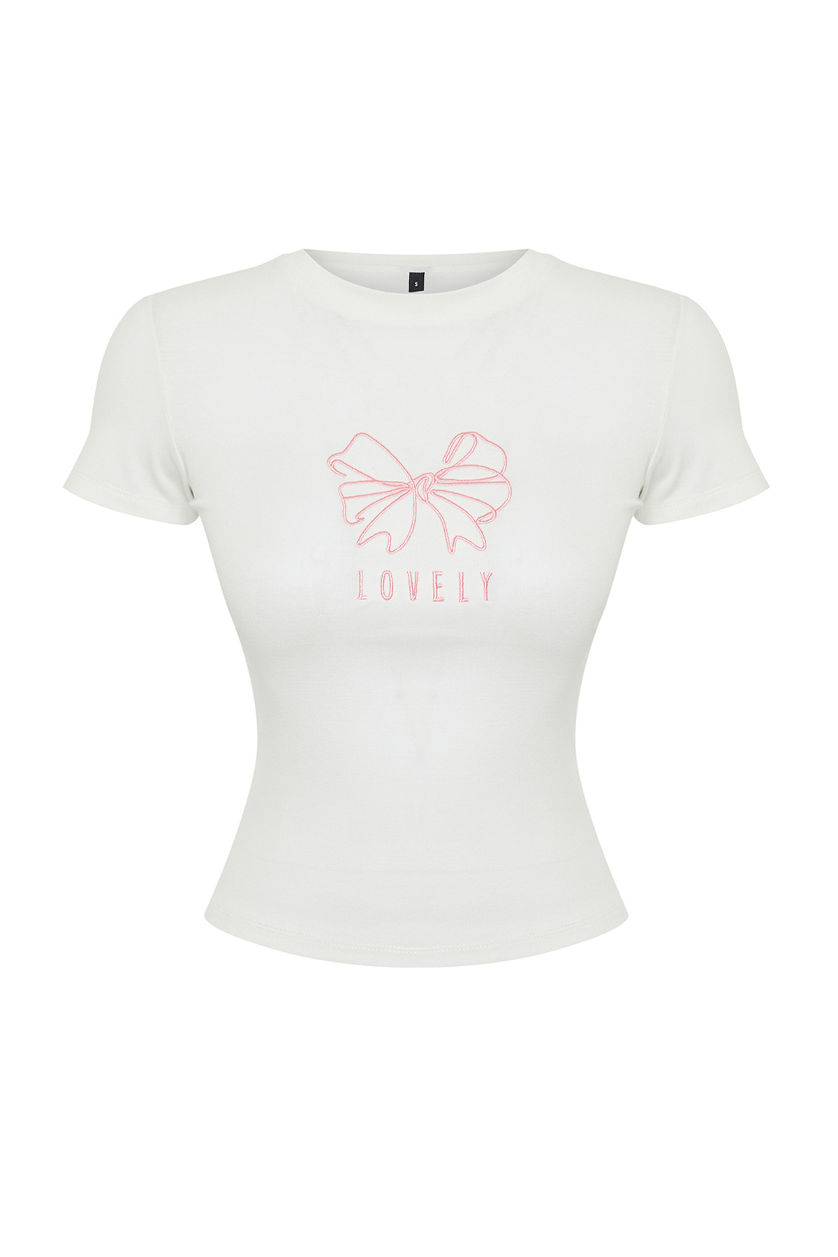 Trendyol Collection-Ecru stuha vyšívané vypasované/sedící na těle žebrované elastické pletené tričko TWOSS24TS00231 7