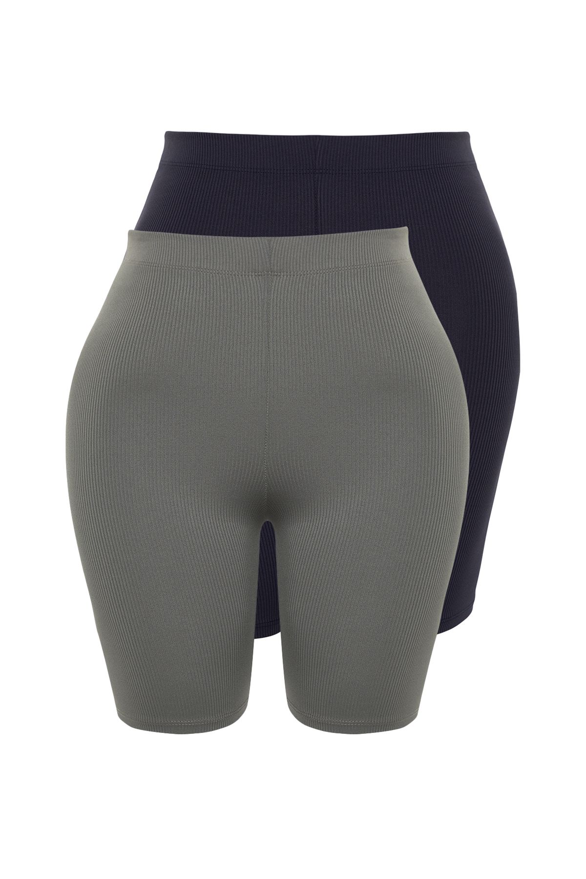 Trendyol Curve-Magas derekú motoros leggings - sötétkék/khaki, alacsony hosszúságú, bordás kötött, nagy méretű 2 csomag TBBSS24BV00000 7