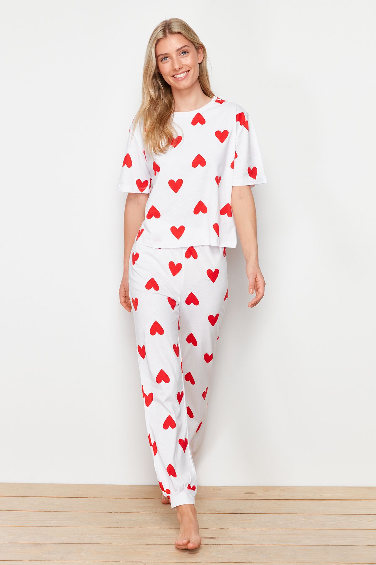 Trendyol Collection-Szív, fehér pamut pizsama szett - THMSS24PT00336 3