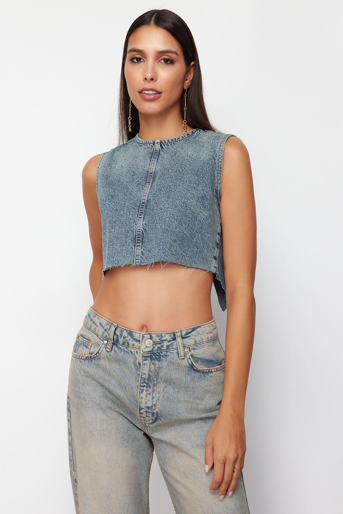 Trendyol Collection-Blaues rückenfreies Denim-Bustier TWOSS24BS00016 3