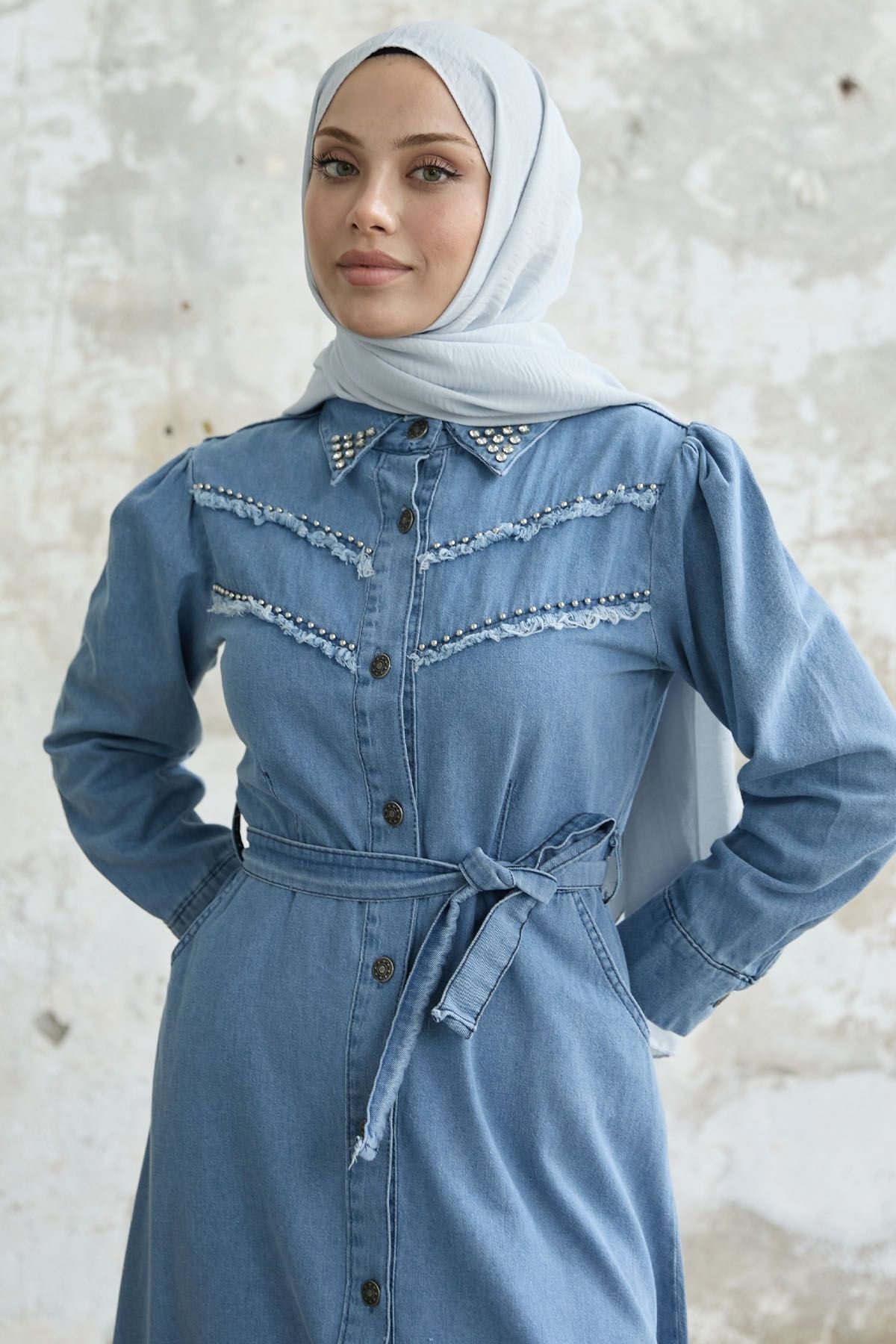 InStyle-Tasseled Beaded Denim Dress - Blue 3