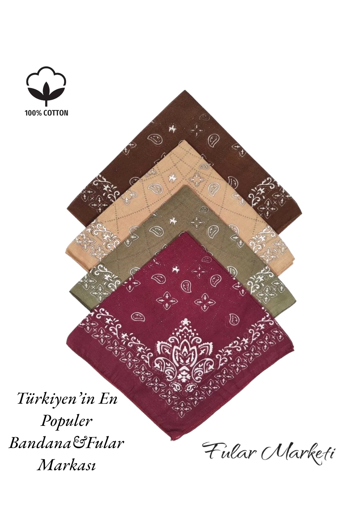 %100 Pamuk Elegance Desenli Bandana 4 Adet 4ek Kahve Sütlü Haki Bordo