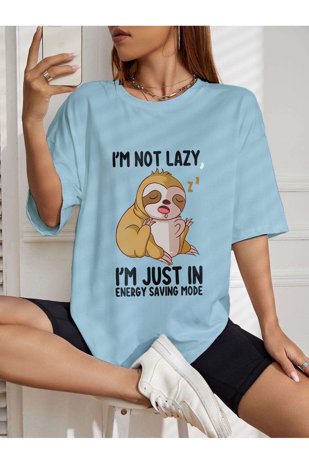 aynewmoda-Oversize I'm Not Lazy (koala) Printed T-shirt 1