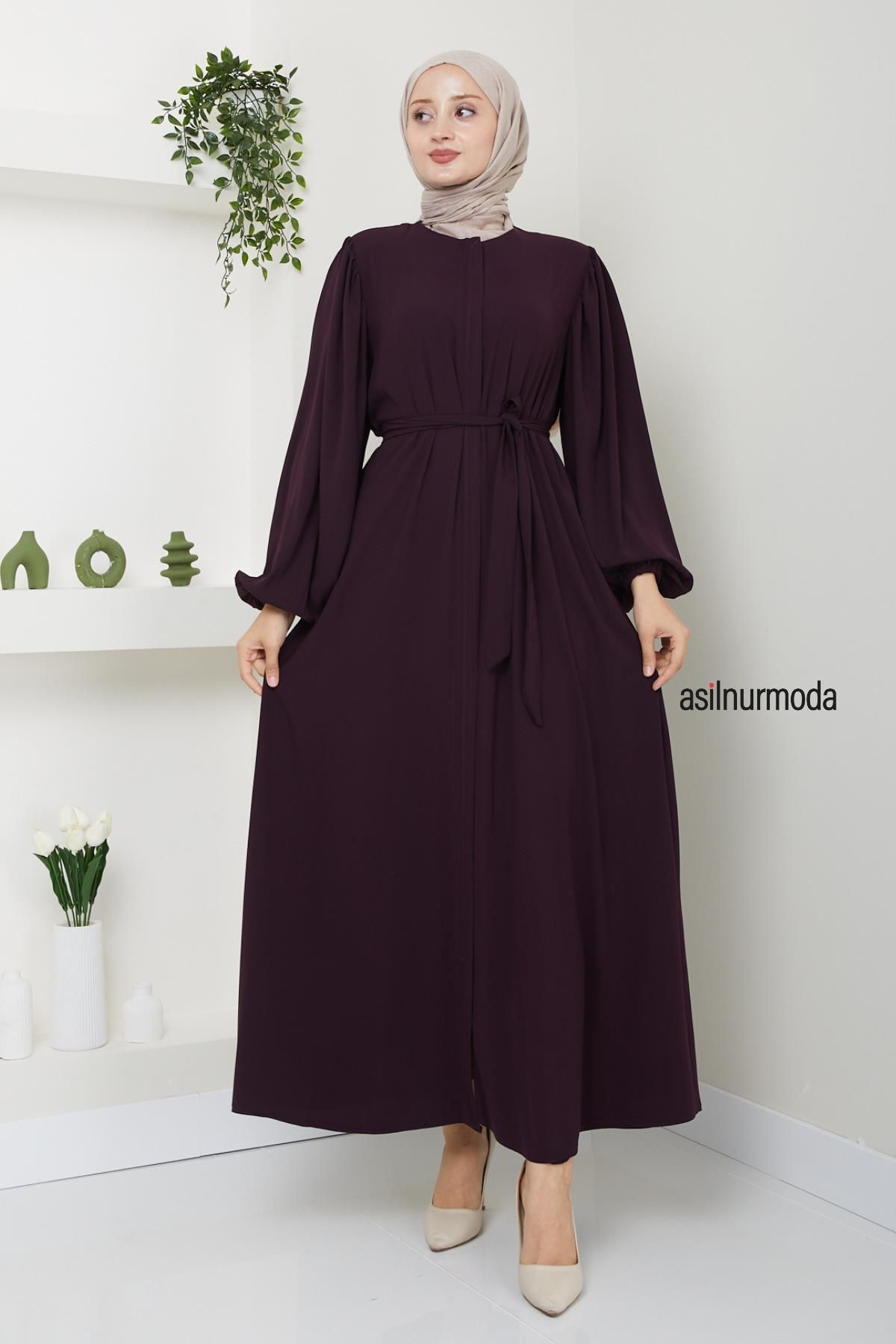 ASİLNUR Hale Плечо Плиссированные рукава-воздушные шары Abaya Plum 2457