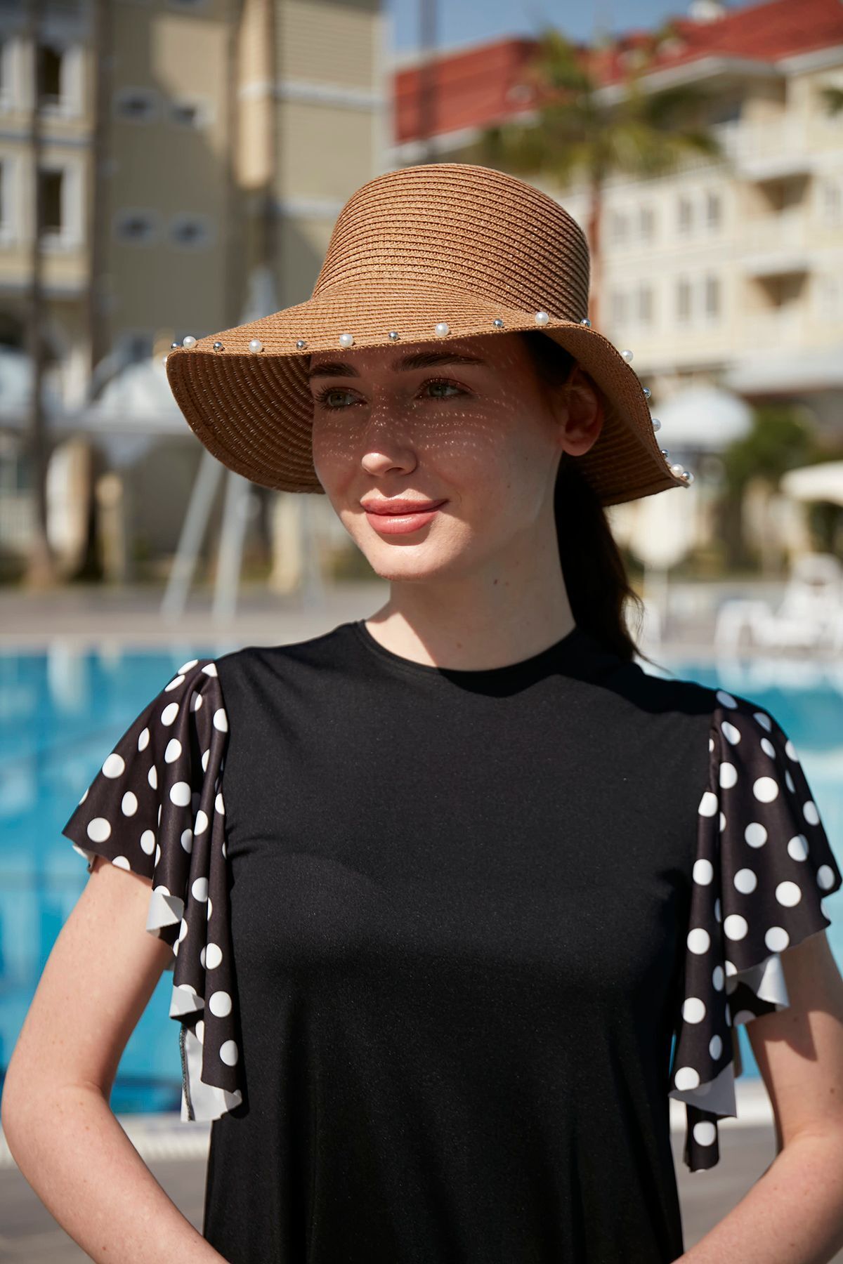 Remsa Mayo-Camel Rş-76 Straw Cap - Pearls and Ribbon Detail 3
