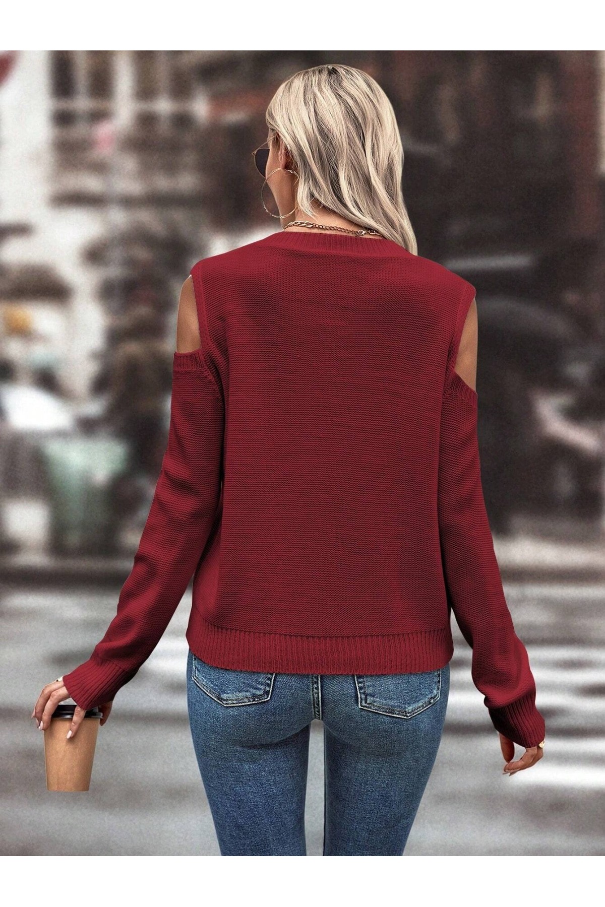 AQE FASHION  Kadın Bisiklet Yaka File Detaylı Saç Örgü Yürütme Desenli Omuz Detaylı Bordo Triko Kazak - Görsel 4