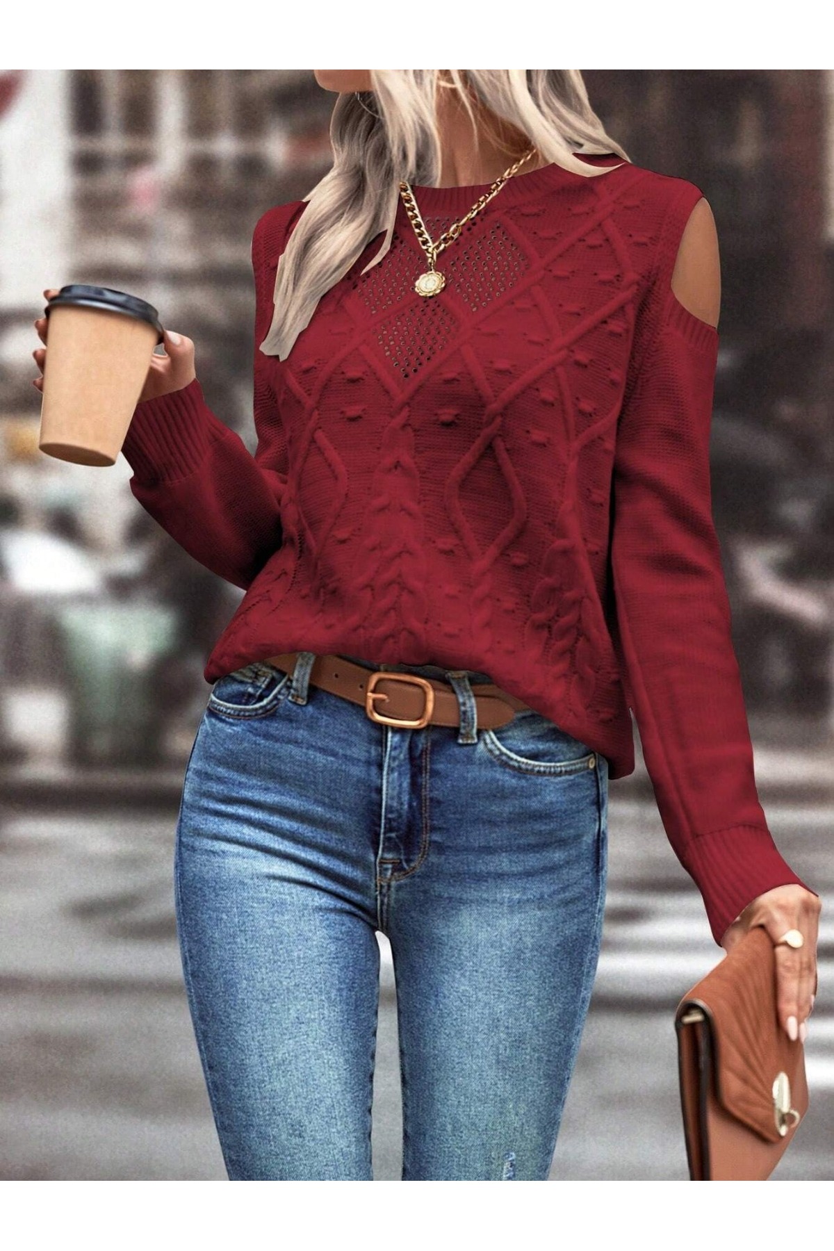 AQE FASHION  Kadın Bisiklet Yaka File Detaylı Saç Örgü Yürütme Desenli Omuz Detaylı Bordo Triko Kazak - Görsel 3