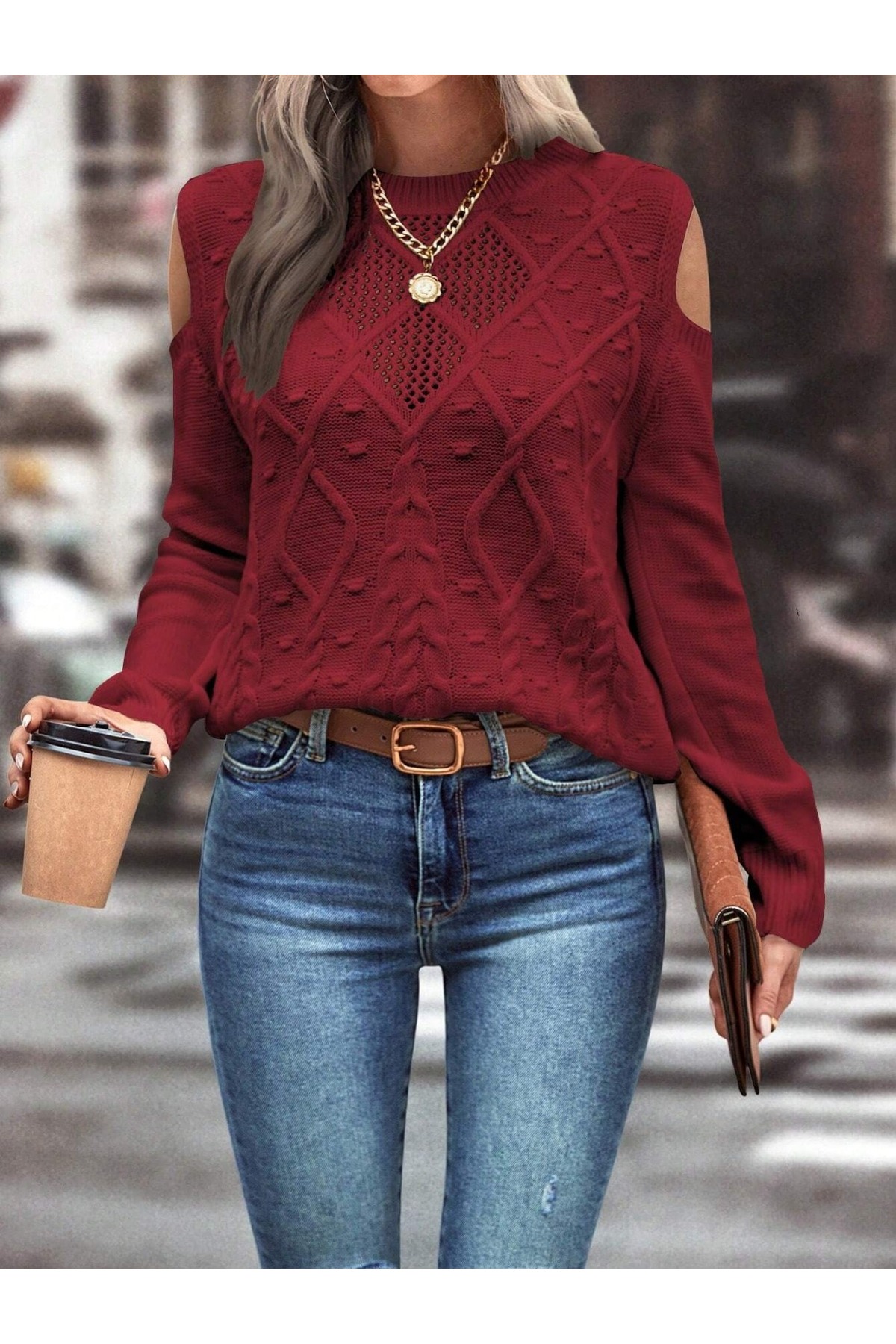 AQE FASHION  Kadın Bisiklet Yaka File Detaylı Saç Örgü Yürütme Desenli Omuz Detaylı Bordo Triko Kazak - Görsel 2