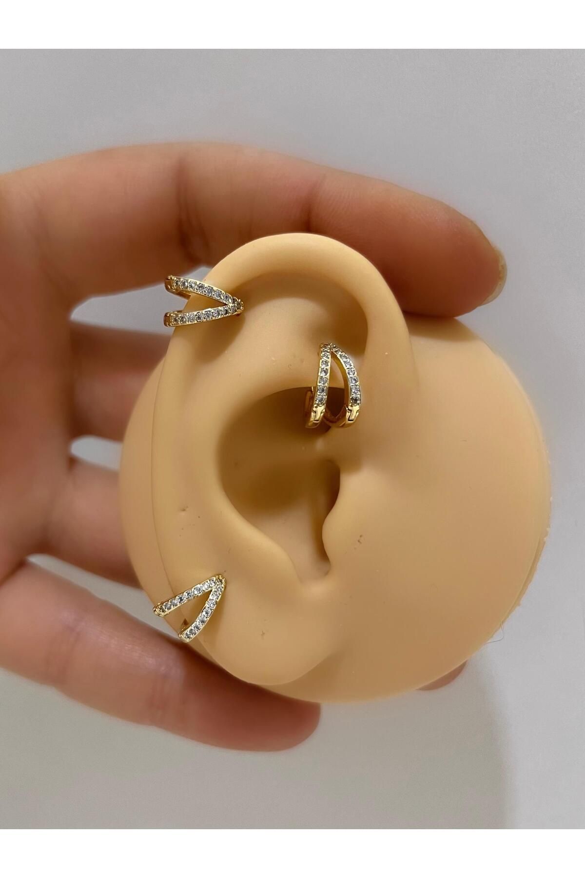 iki sıra zirkon taşlı tragus helix kıkırdak kulak memesi uyumlu halka piercing küpe  (1 adet )
