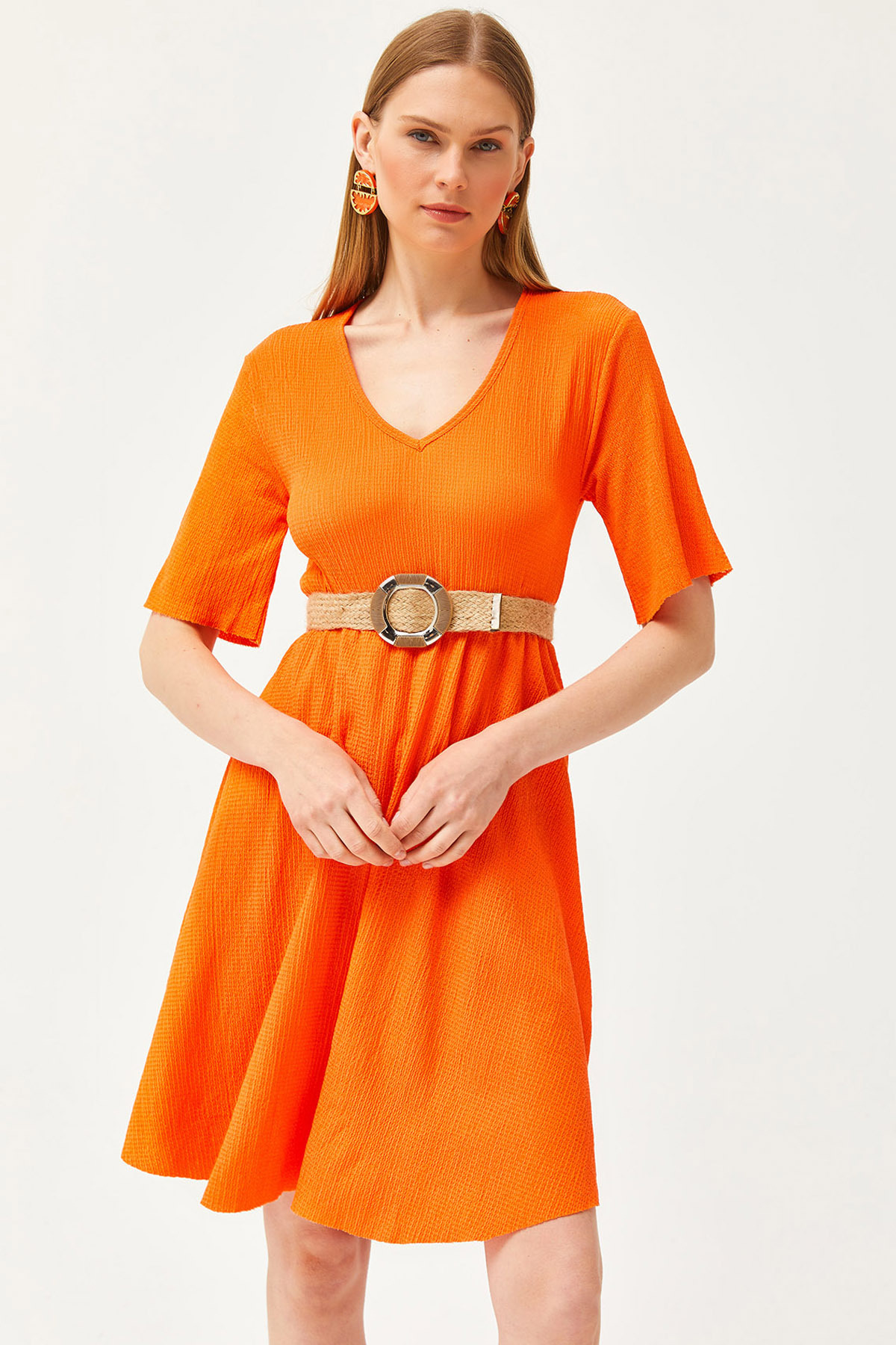 Women's Orange V-Neck Elastic Waist Mini DRESSDRESS-19002137