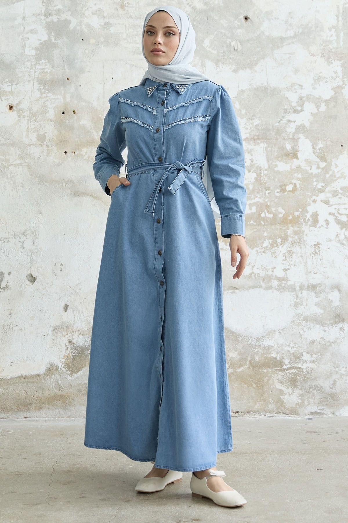 InStyle-Tasseled Beaded Denim Dress - Blue 4