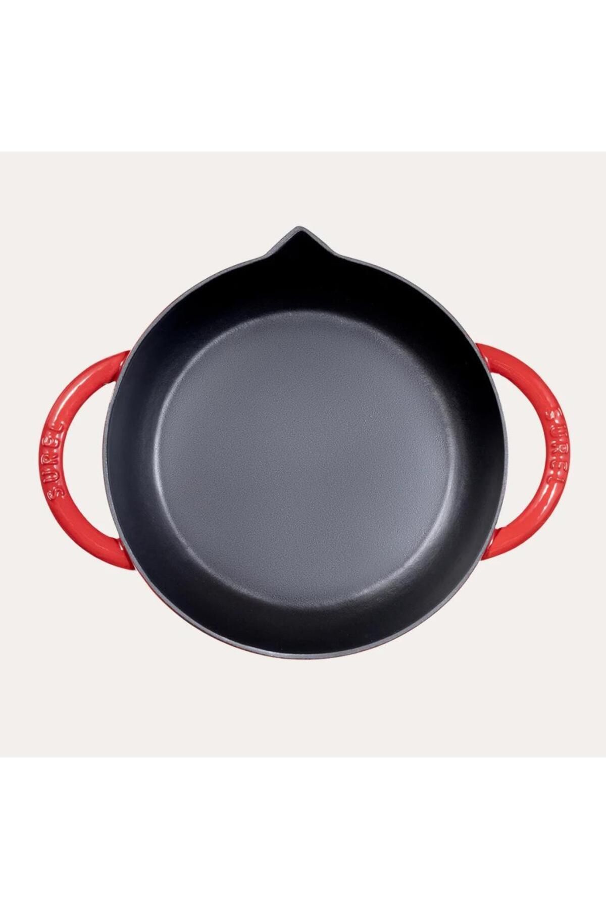 Sürel-Shiny Matte Enameled Gradient Red 24 Cm Round Flat Pan 4