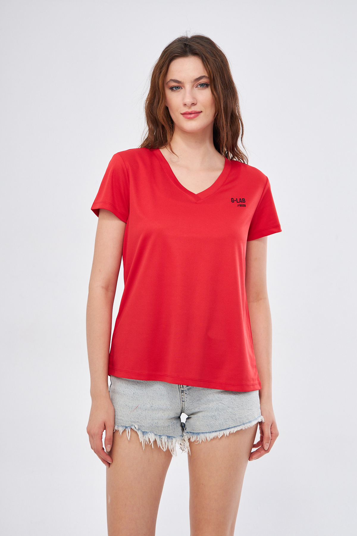 YÜKSEL IŞIK Spor T-shirt V Yaka G-lab Baskılı Kırmızı Renk