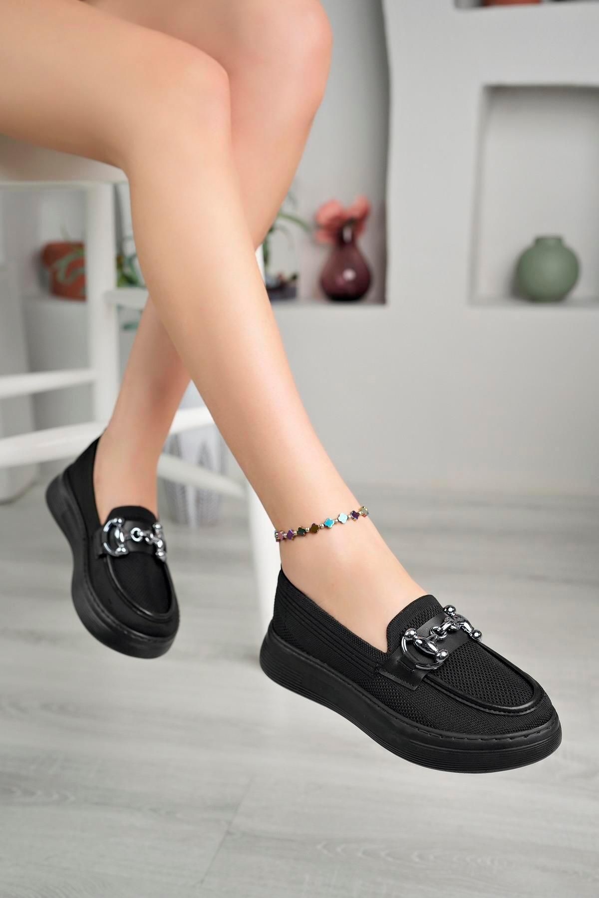 Aymood Knitwear Thick Sole Chain Metal Buckle Women s Loafer Shoes Black Trendyol