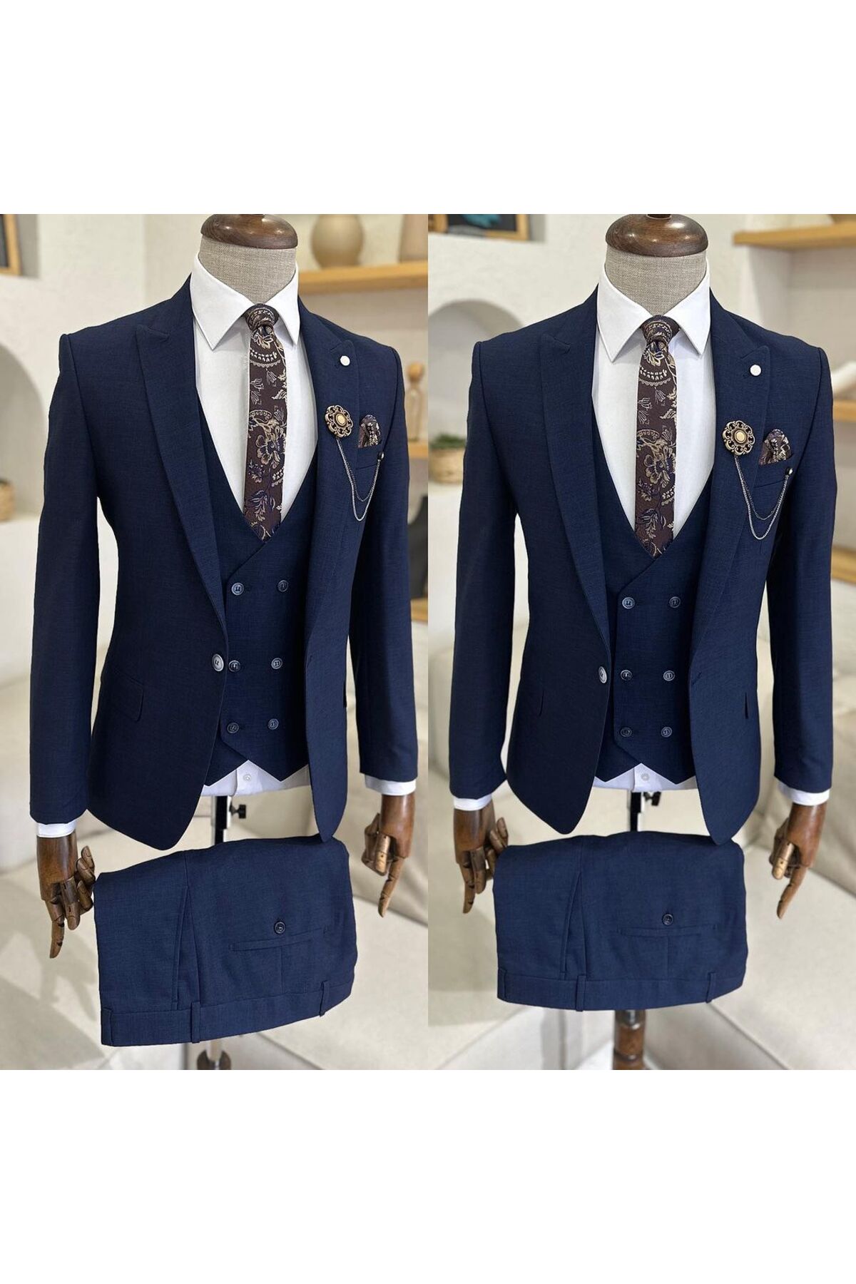Slim Fit Dar Kesim Yelekli Takım Elbise — سرمه‌ای 27SELİM