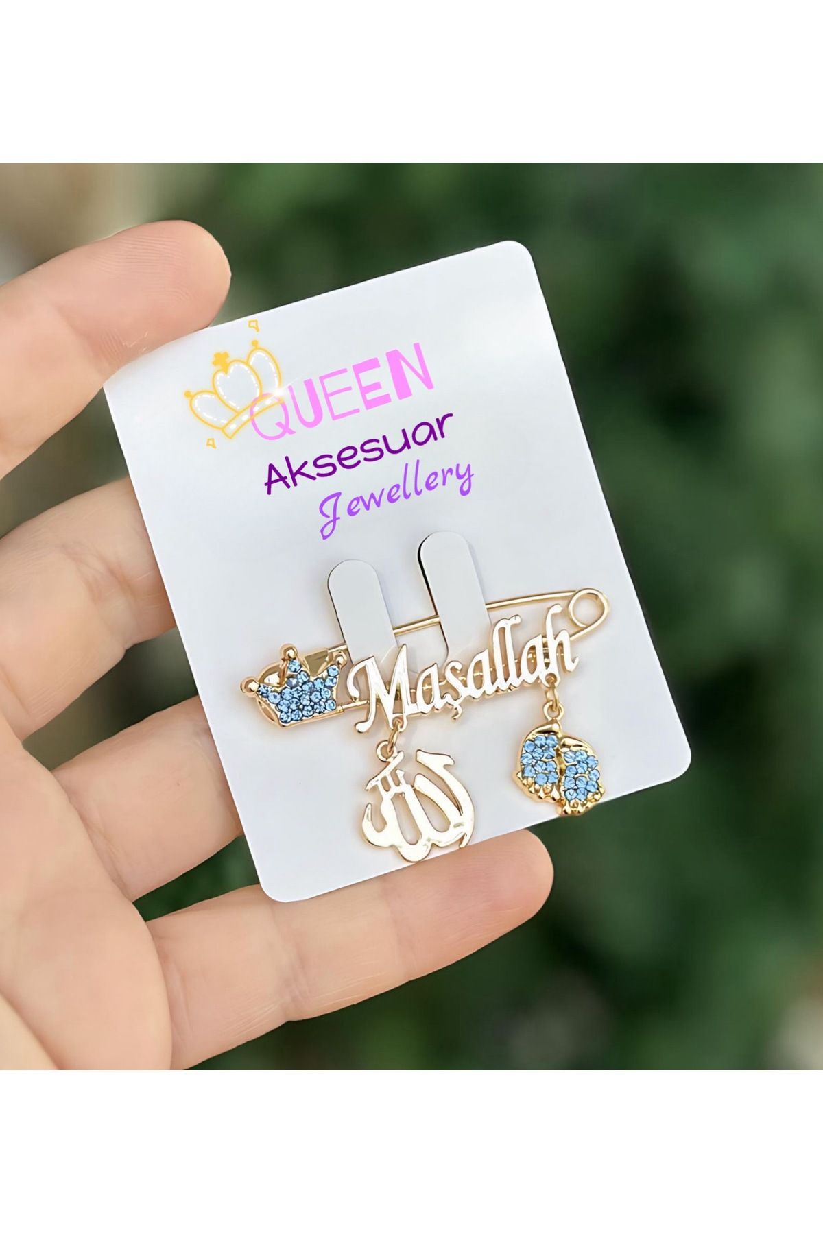 QUEEN AKSESUAR Tasarım lüks mavi taşlı prens erkek bebek yaka iğnesi Allah kuran maşallah yazılı gold altın