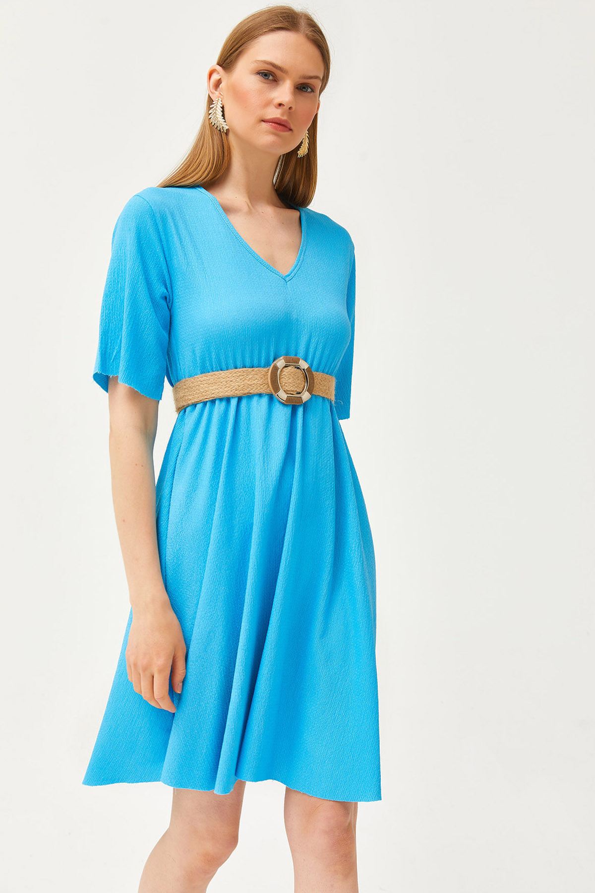 Women's Sky Blue V-Neck Elastic Waist Mini DRESSDRESS-19002137