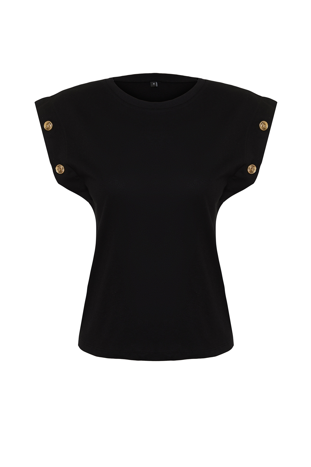 Trendyolmilla  Siyah %100 Pamuk Düğme Detaylı Vatka Görünümlü Basic Bisiklet Yaka Örme T-Shirt TWOSS23TS00016 - Görsel 7