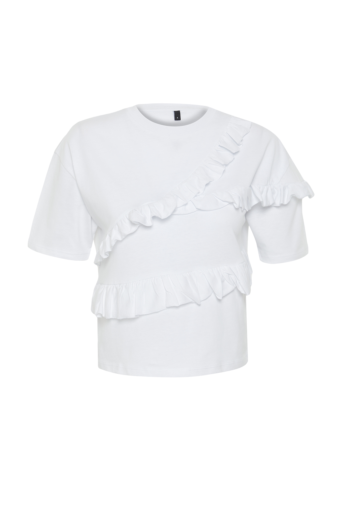 Trendyolmilla  Beyaz %100 Kalın Pamuklu Fırfır Detaylı Relaxed/Rahat Kalıp Kısa Kollu Örme T-Shirt TWOSS24TS00232 - Görsel 7