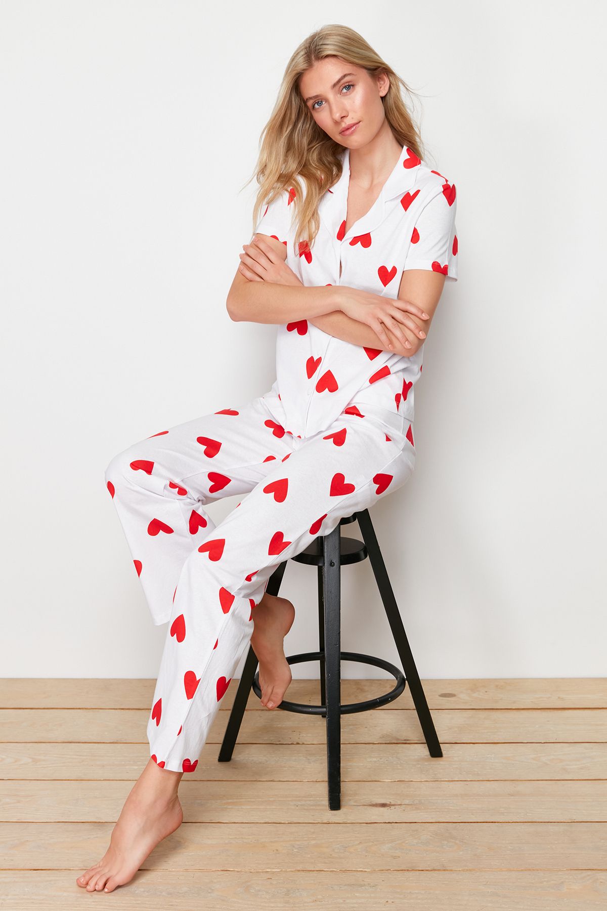 Trendyol Collection-Fehér kötött hálóruha szett szívvel - 100% pamut THMSS24PT00337 3