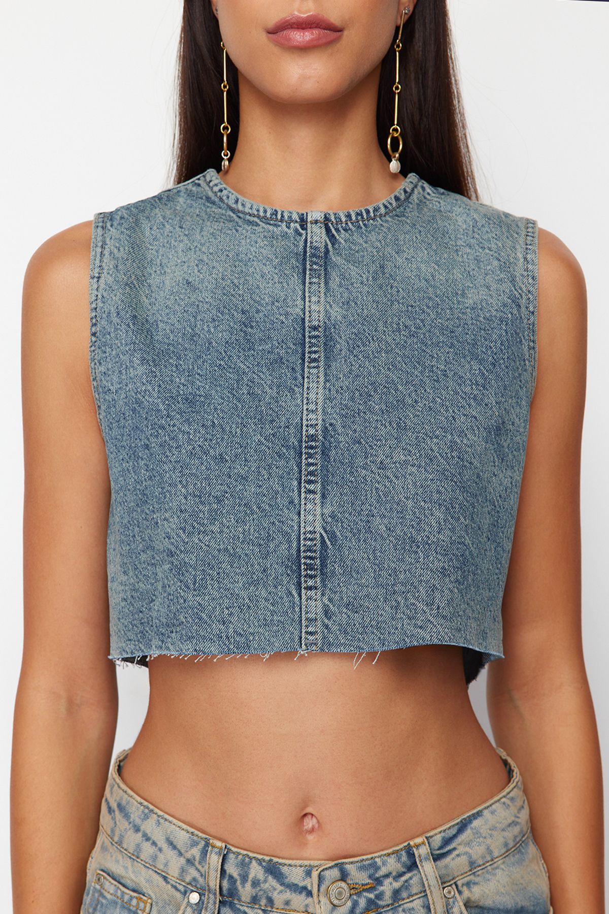 Trendyol Collection-Blaues rückenfreies Denim-Bustier TWOSS24BS00016 4