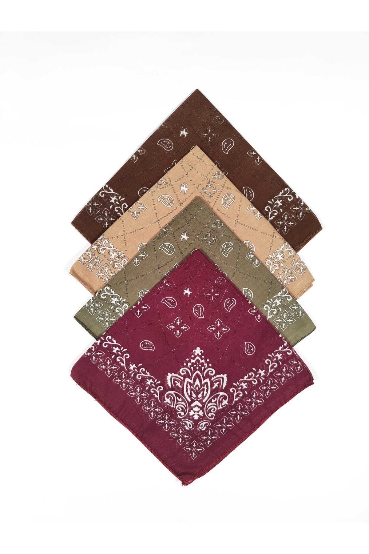 %100 Pamuk Elegance Desenli Bandana 4 Adet 4ek Kahve Sütlü Haki Bordo 3