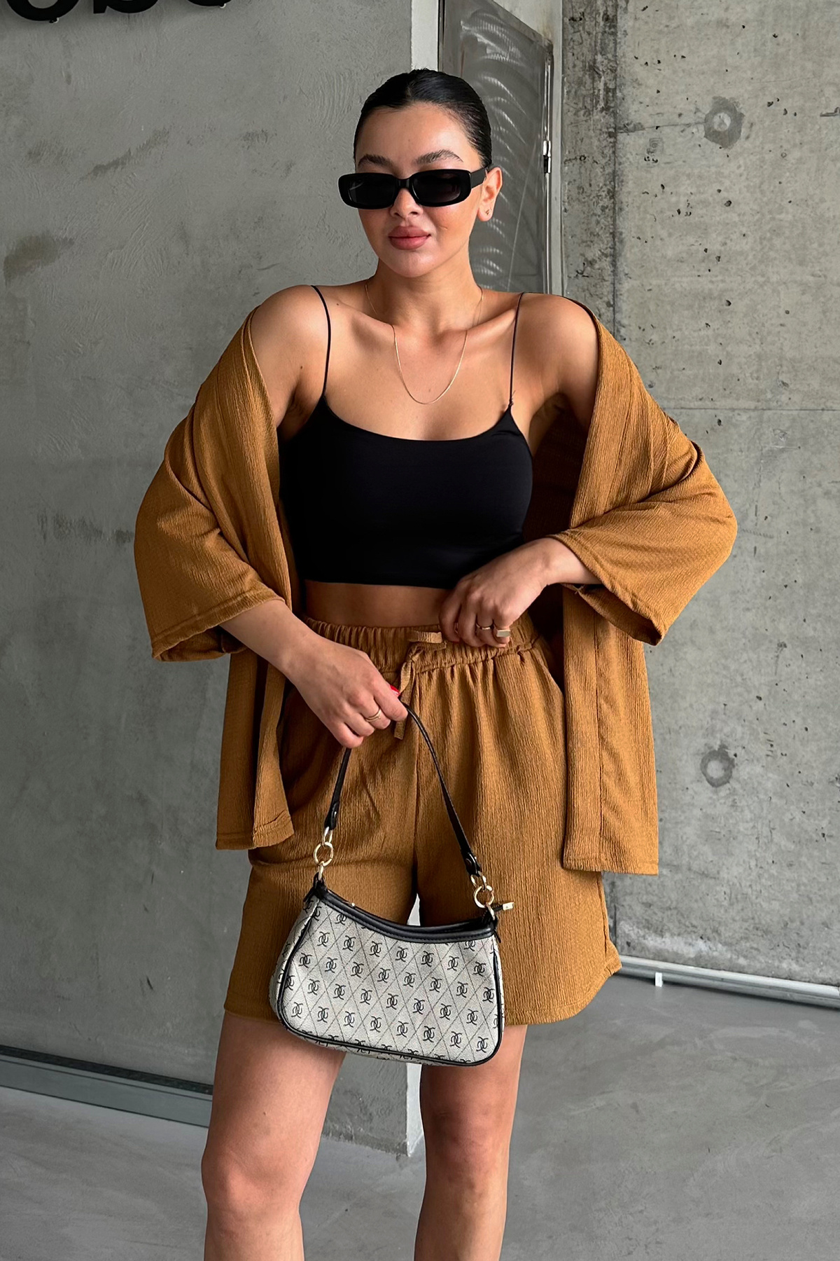 MODAGEN-Γυναικείο Σετ Σορτς Κιμονό Camel Top and Bottom 3