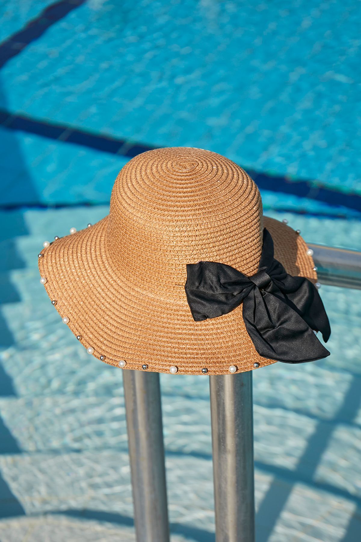 Remsa Mayo-Camel Rş-76 Straw Cap - Pearls and Ribbon Detail 6