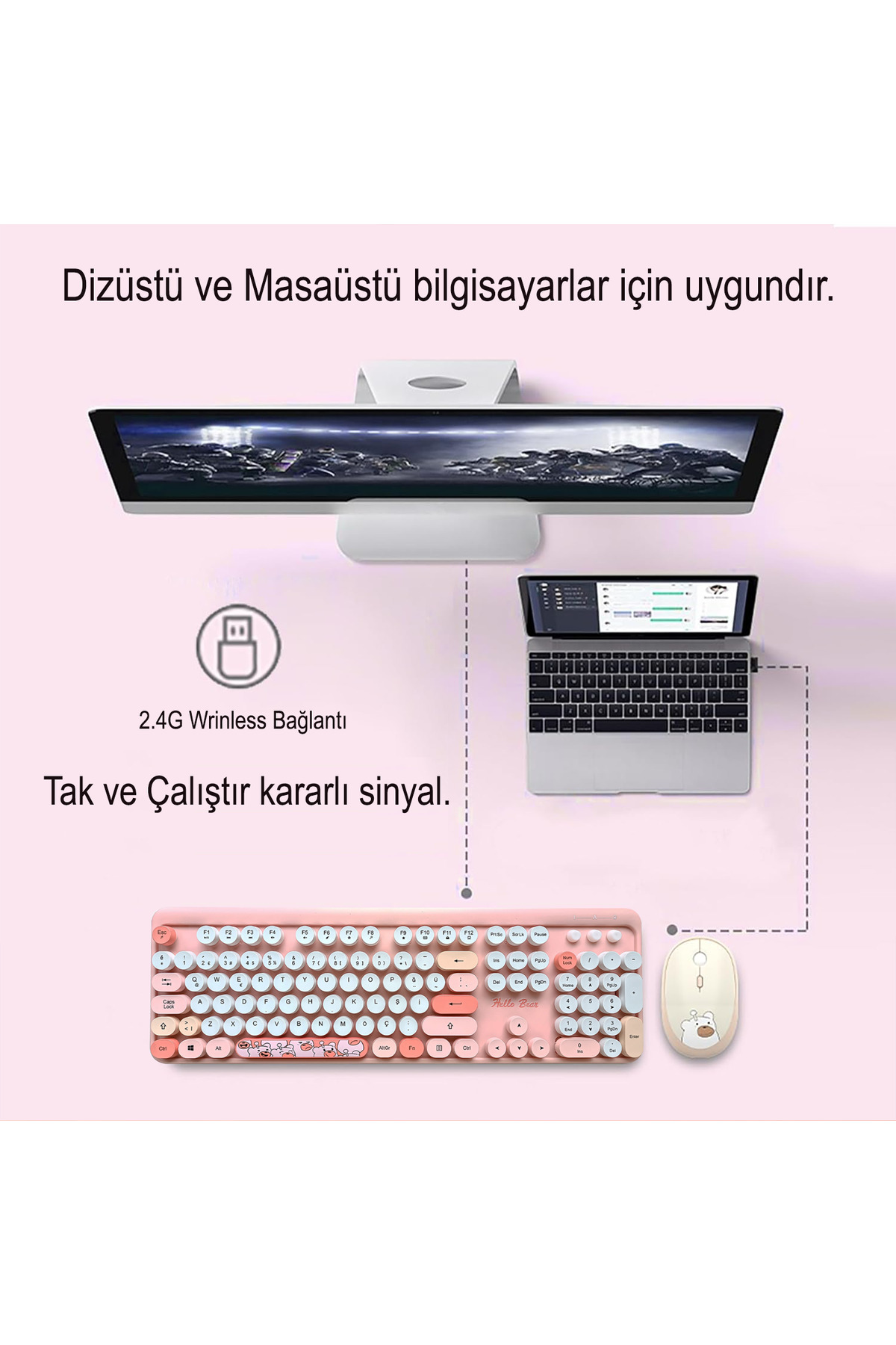 Mofii Ayıcık Desenli Kablosuz Renkli Yuvarlak Tuşlu Türkçe Klavye Mouse Set-al4258 2
