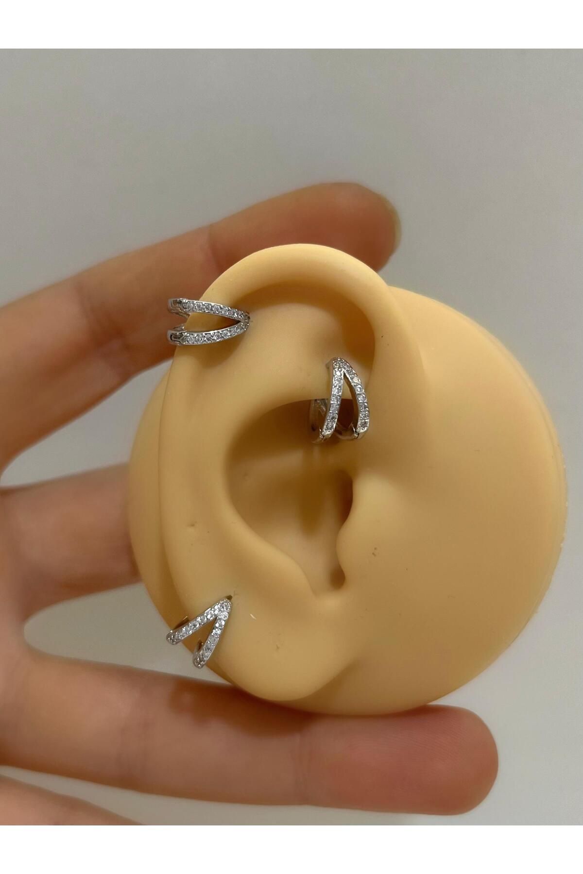 iki sıra zirkon taşlı tragus helix kıkırdak kulak memesi uyumlu halka piercing küpe  (1 adet )