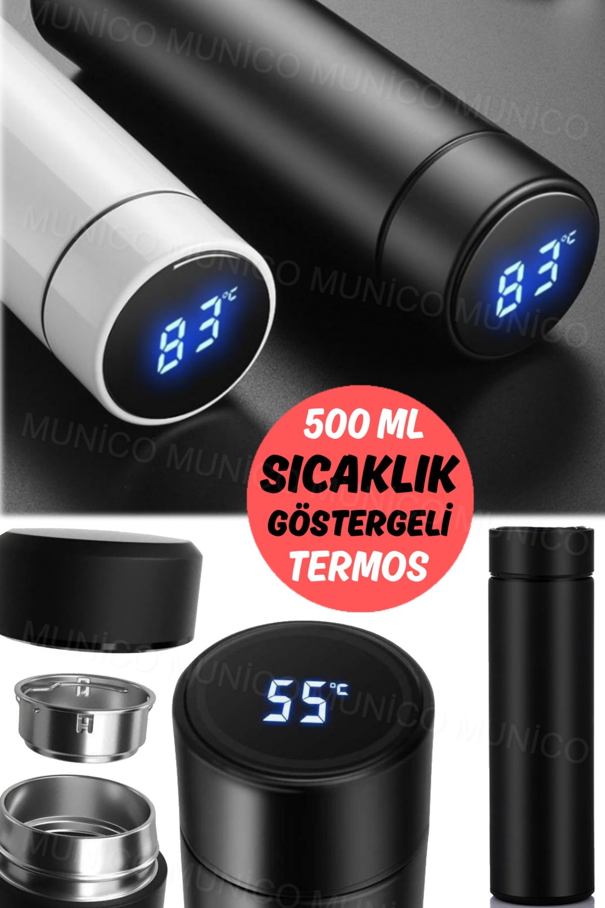 Munico 500 ML Sıcaklık Göstergesi Termos Şişe Vakum Paslanmaz Çelik Seyahat Kahve Kupa Çay Kupa Termos Pro fotoğrafı 5 (önizleme)