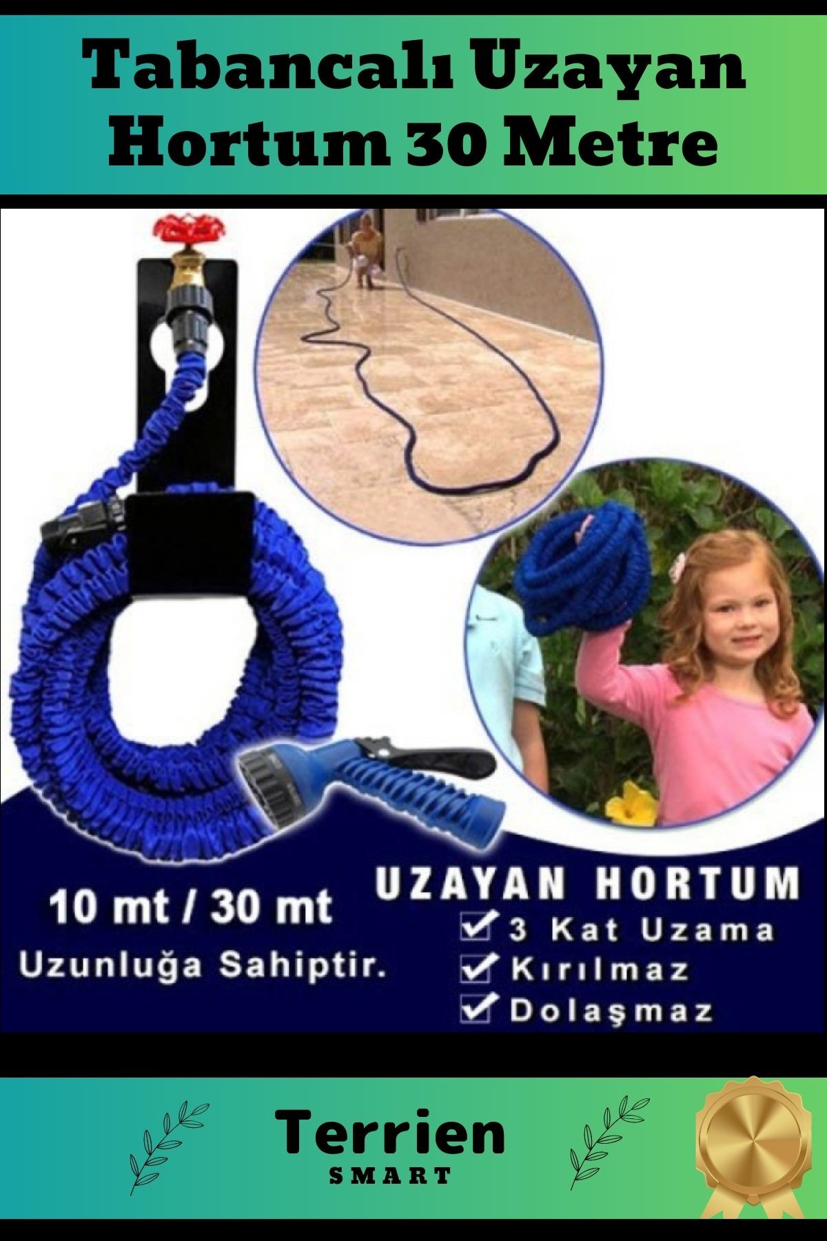 Smart Seri Son Teknoloji Tabancalı Yer Kaplamayan 3 Kat Uzayan Esnek Sağlam Hafif Hortum 30 Metre