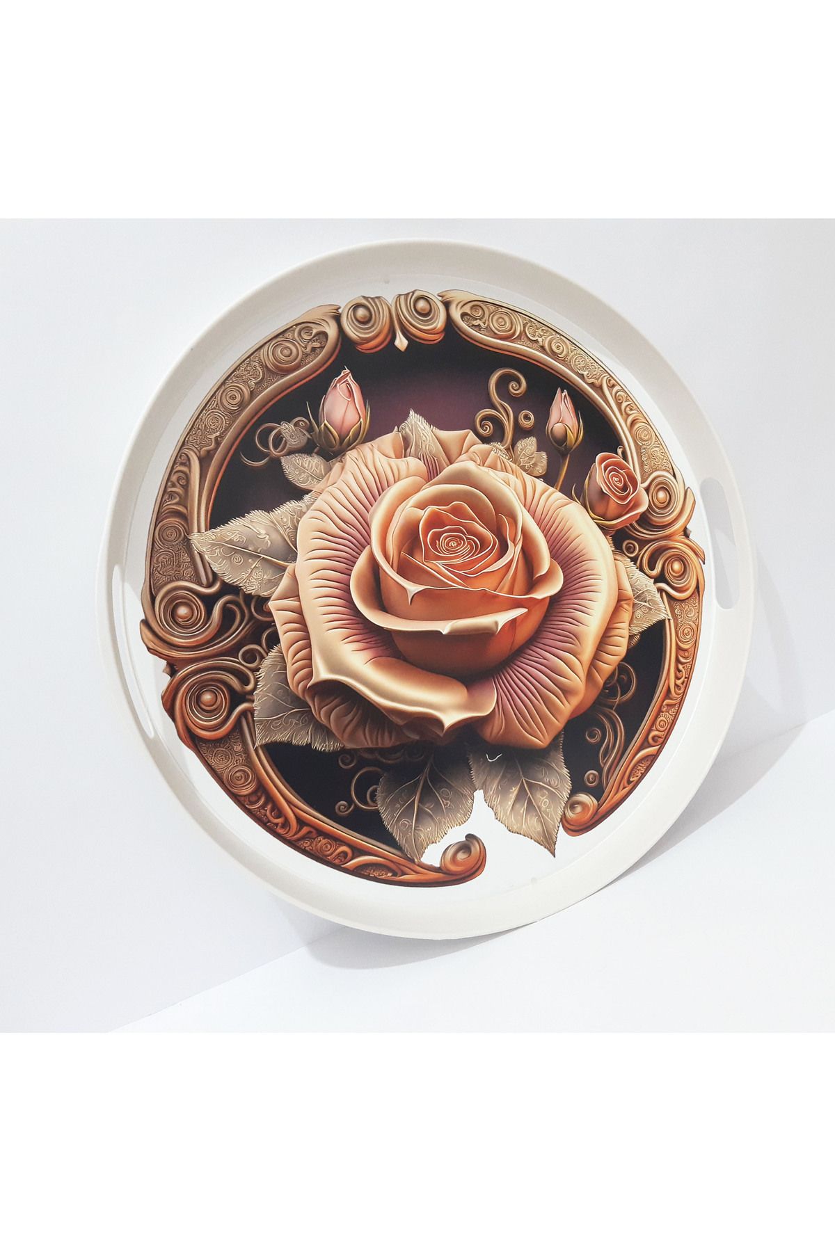 renkli çiçekler-Tea Tray Round Patterned Plastic Tea Tray 38 CM 4