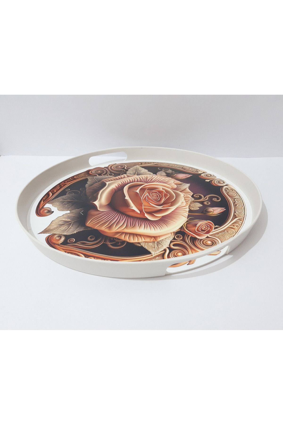 renkli çiçekler-Tea Tray Round Patterned Plastic Tea Tray 38 CM 3