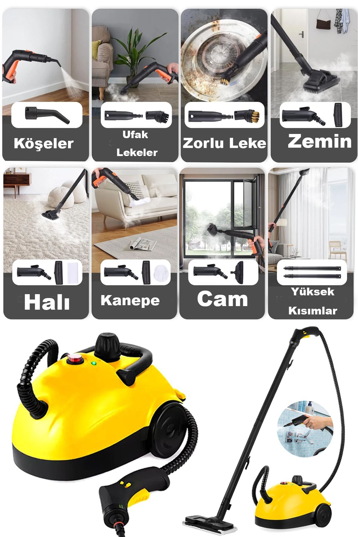 DEKO Turkey Derinlemesine Çok Amaçlı Buharlı Temizlik Makinesi Cam Parke Mutfak Temizleme Nozüllü 2500 W 13 Parça