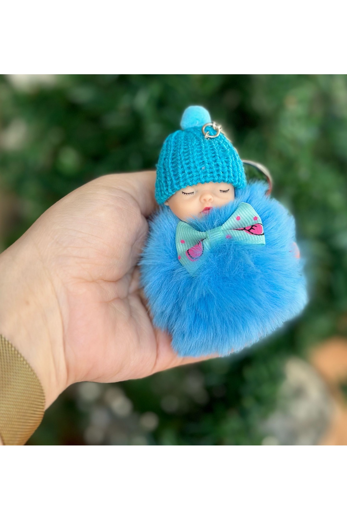Cute pompom plush sleeping hat baby keychain blue pompom
