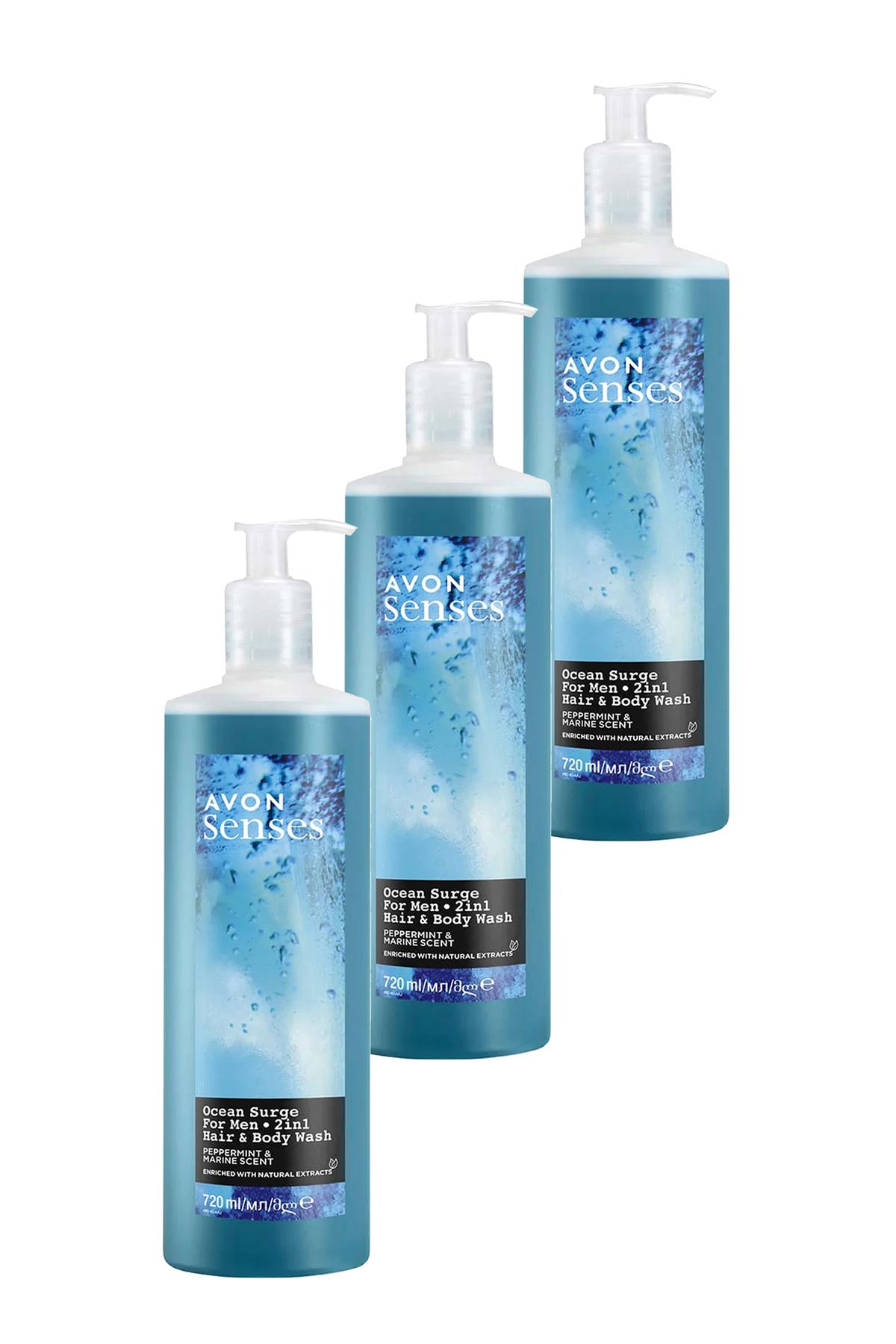 AVON Senses Ocean Surge Nane ve Deniz Kokulu Saç ve Vücut için Erkek Duş Jeli 720 ml Üçlü Set