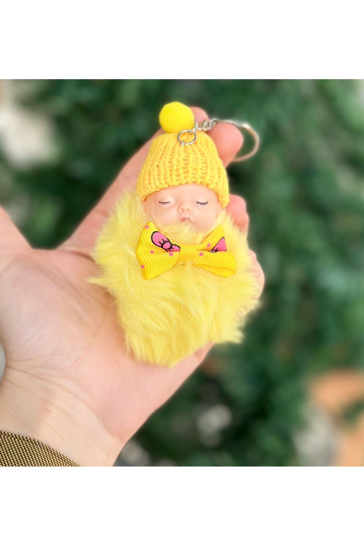 Cute pompom plush sleeping hat baby keychain yellow pompom