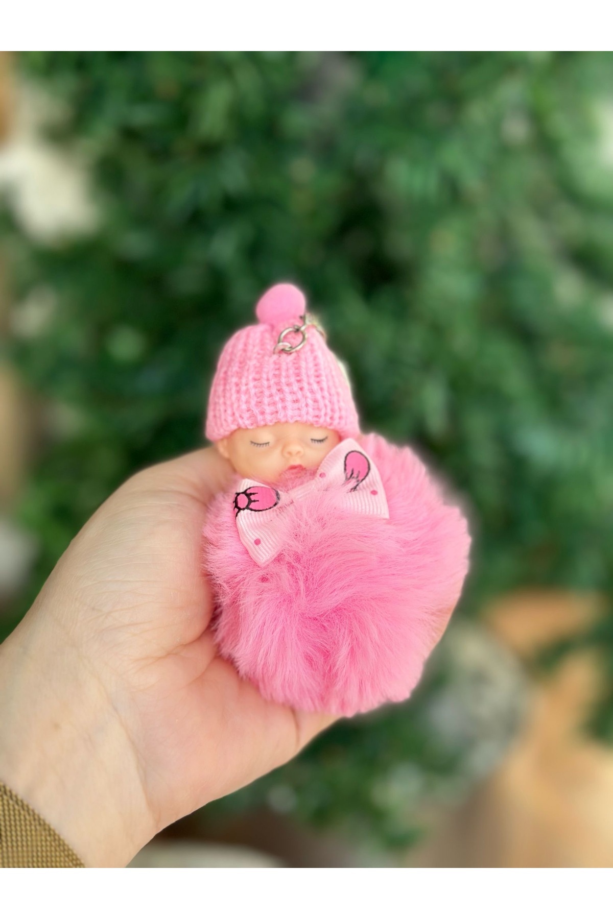 Cute pompom plush sleeping hat baby keychain pink pompom